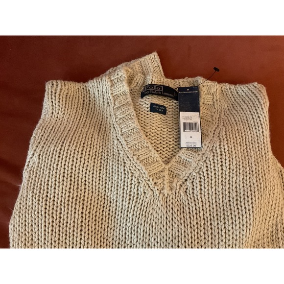 Polo Ralph Lauren Other - Polo Ralph Lauren Linen Silk Chunky Knit V-Neck Sweater Elbow Patches Tan M